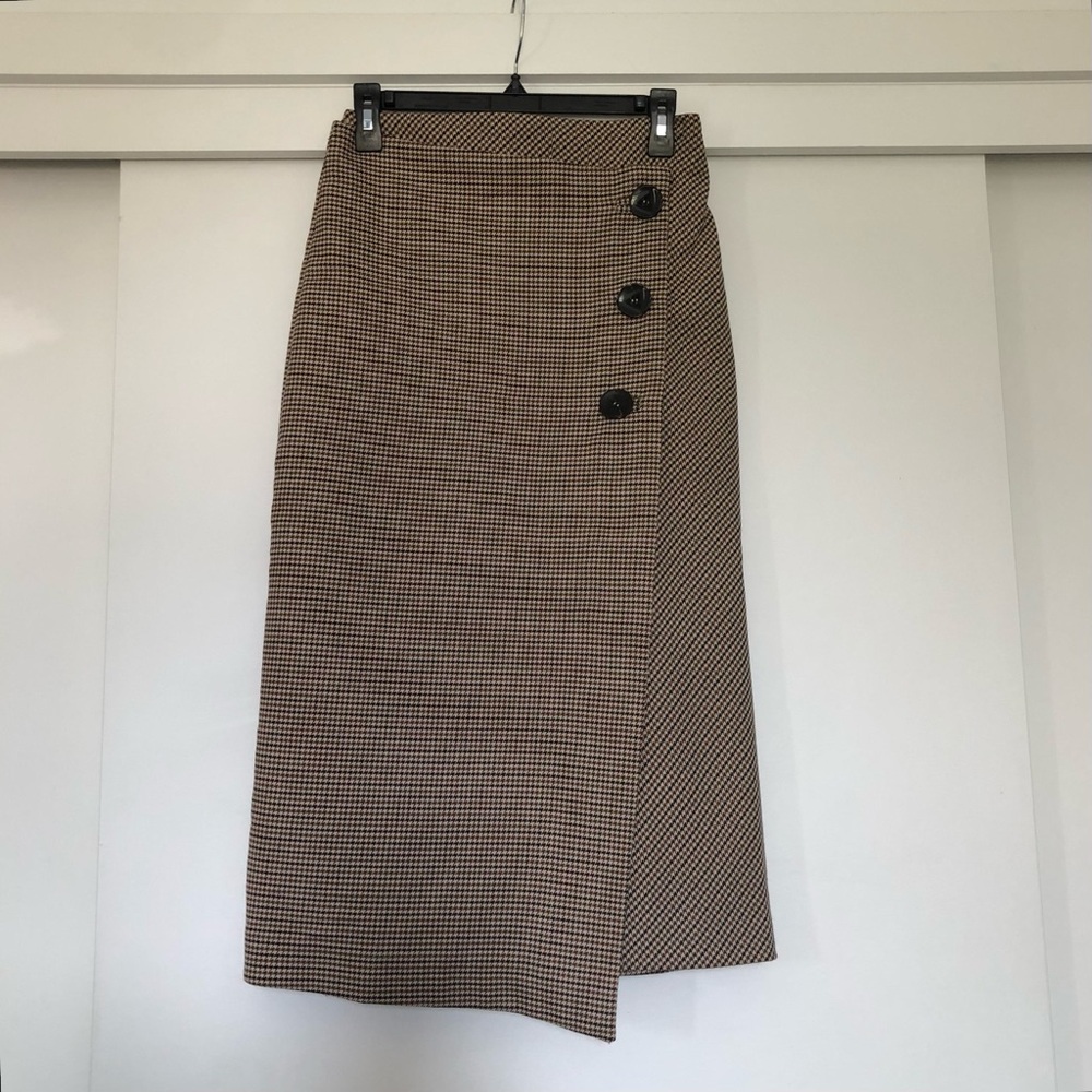 Zara Brown & Black Houndstooth Wrap-Style Midi Skirt with Button Detail